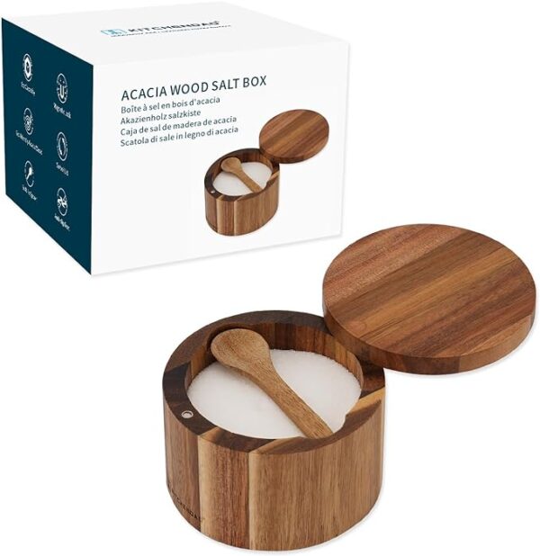 KITCHENDAO Acacia Wood Salt Cellar Bowl Box with Built-in Spoon to avoid Dust, Elegant Kitchen Salt Container Holder