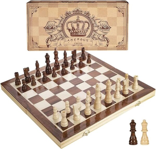 AMEROUS 15 Inches Magnetic Wooden Chess Set - 2 Extra Queens - Folding Board - Pieces Storage Slots