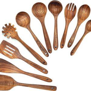 Wooden Spoons for Cooking,10 Pcs Natural Teak Wooden Kitchen Utensils Set