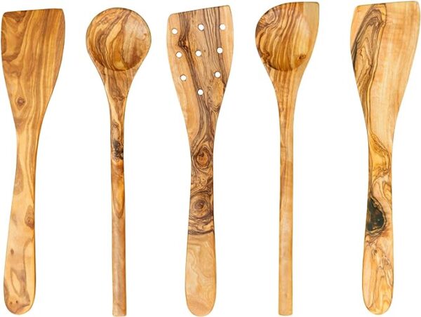 Tramanto Olive Wood Utensil Set 5 Piece Spatula and Spoon, 12 Inch Luxury Kitchen with Gift Box