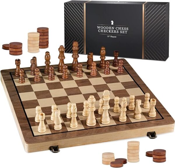 15" Wooden Chess Sets - Chess & Checkers Board Game | with 2 Extra Queens  | Checkers Game for Kids & Adults