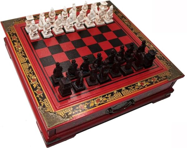 Ireav Retro Terracotta Warriors Chess Set for Kids and Adults Classic Family Board Game with Folding Wooden Chessboard 3D Resin Chess Pieces and Storage Slots (10.23×10.23 inch)