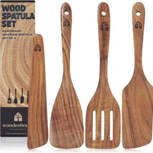 Wooden Spatula for Cooking, Kitchen Set of 4, Natural Teak Wooden Utensils including Paddle