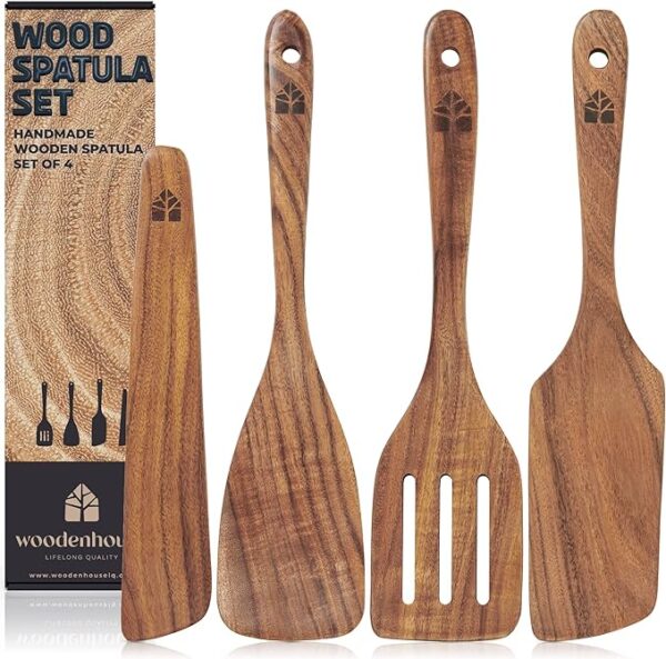 Wooden Spatula for Cooking, Kitchen Set of 4, Natural Teak Wooden Utensils including Paddle