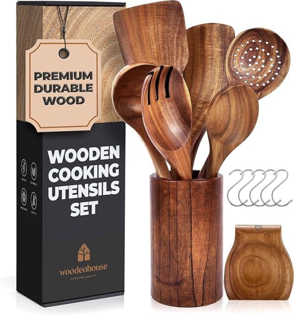 Wooden Spoons for Cooking – Wooden Utensils for Cooking Set with Holder
